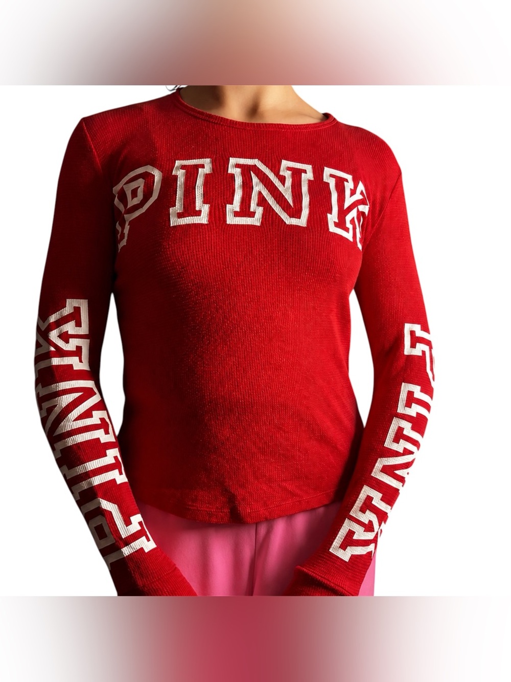 Y2K/2010s PINK Victoria's Secret Red Long-Sleeve Crewneck Tee with White Logo